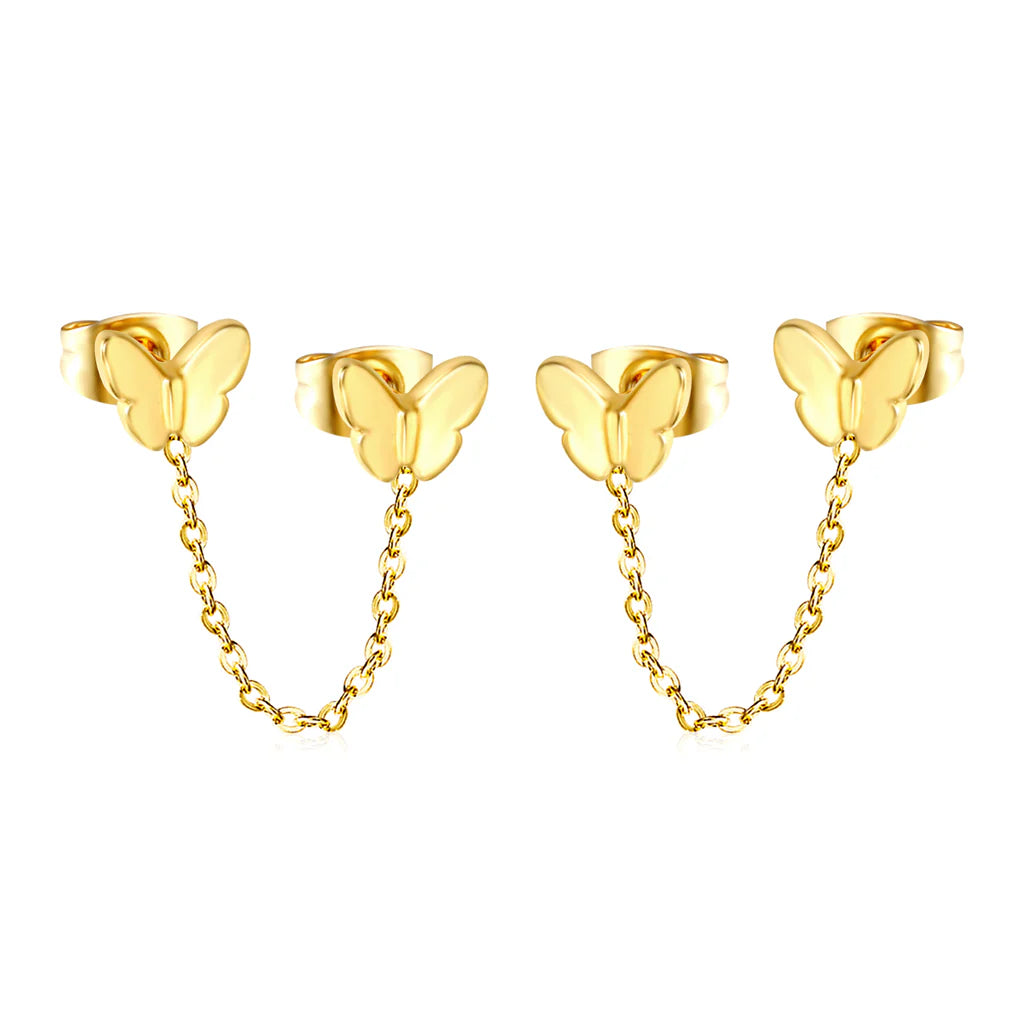 Aretes de cadena de mariposas doradas dobles