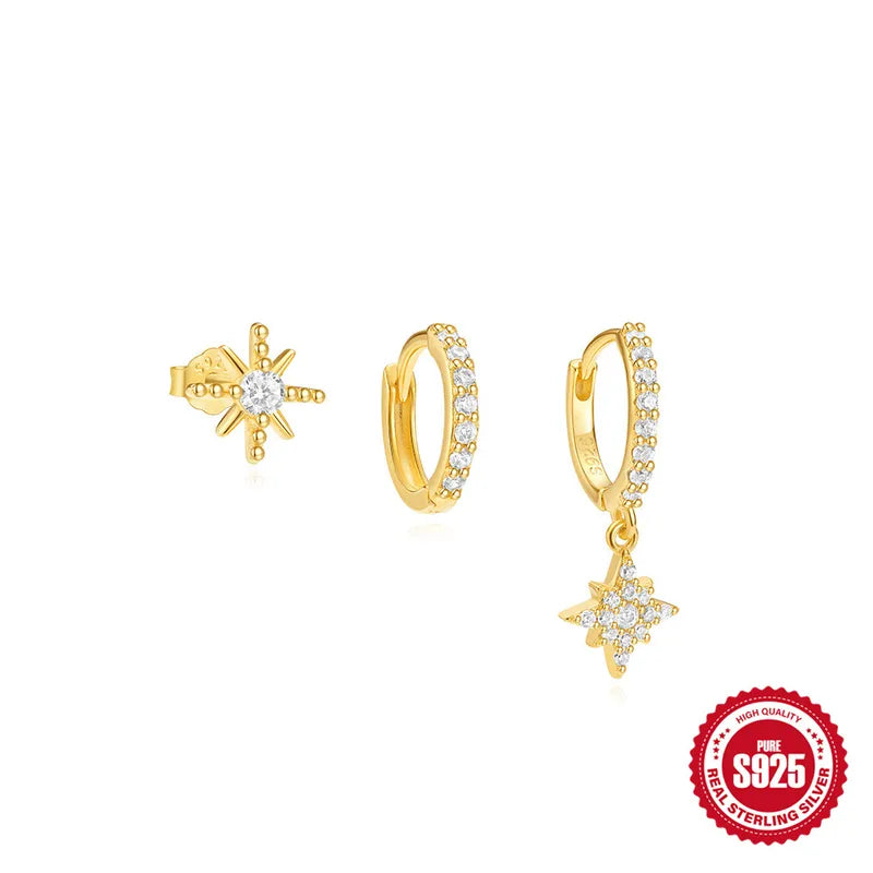 Set de tres pendientes piercings dorados estrellados Plata 925