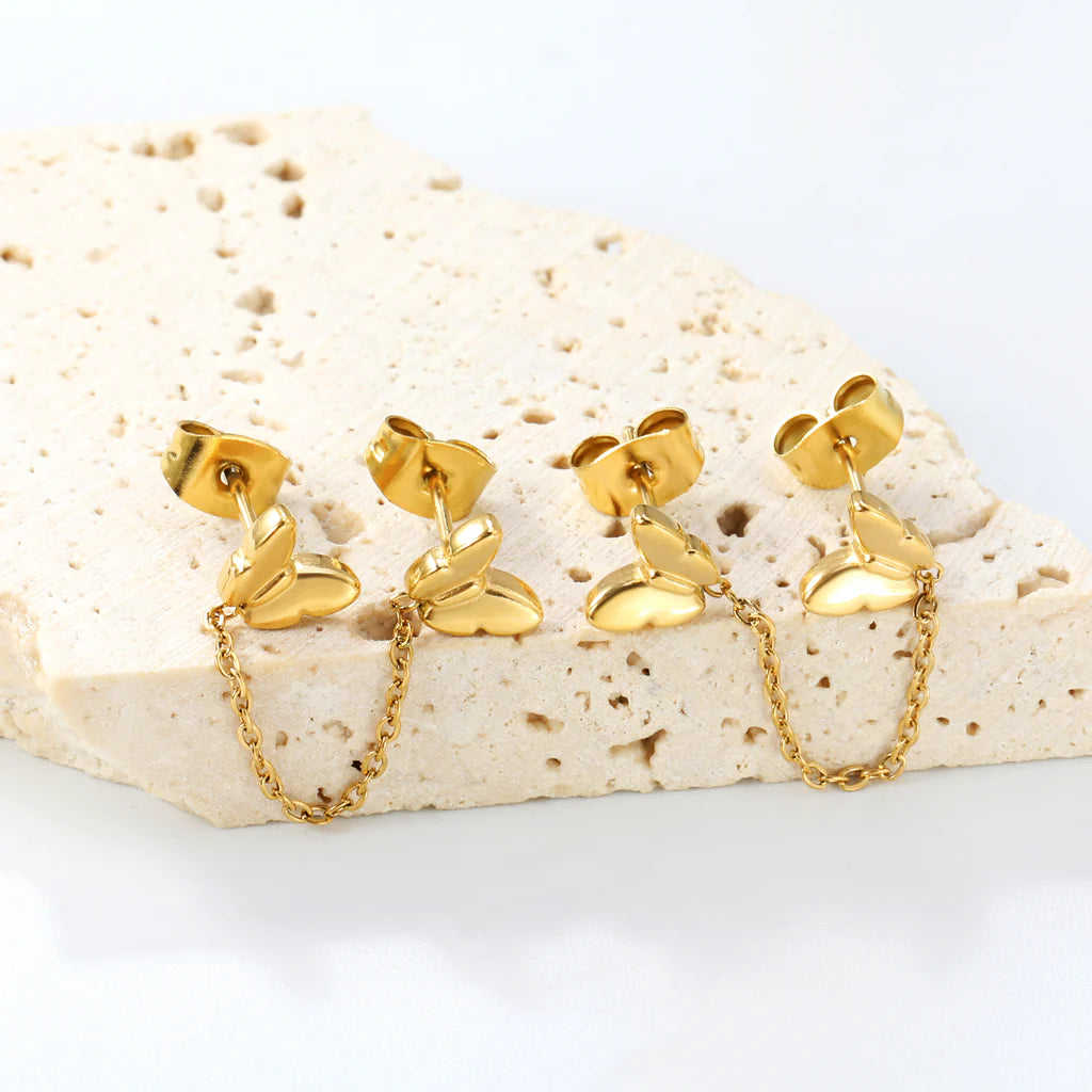 Aretes de cadena de mariposas doradas dobles