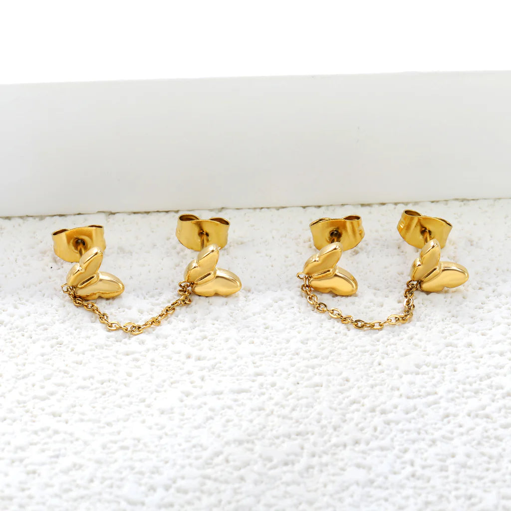 Aretes de cadena de mariposas doradas dobles