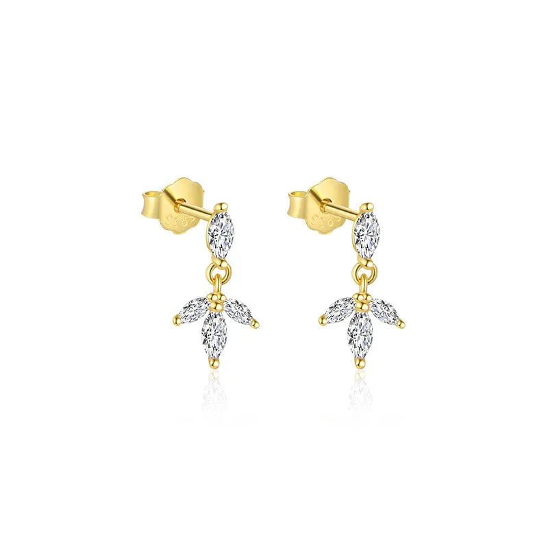 Aretes dorados de tres hojas brillantes Plata 925