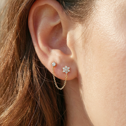 Shine flower chain golden earrings